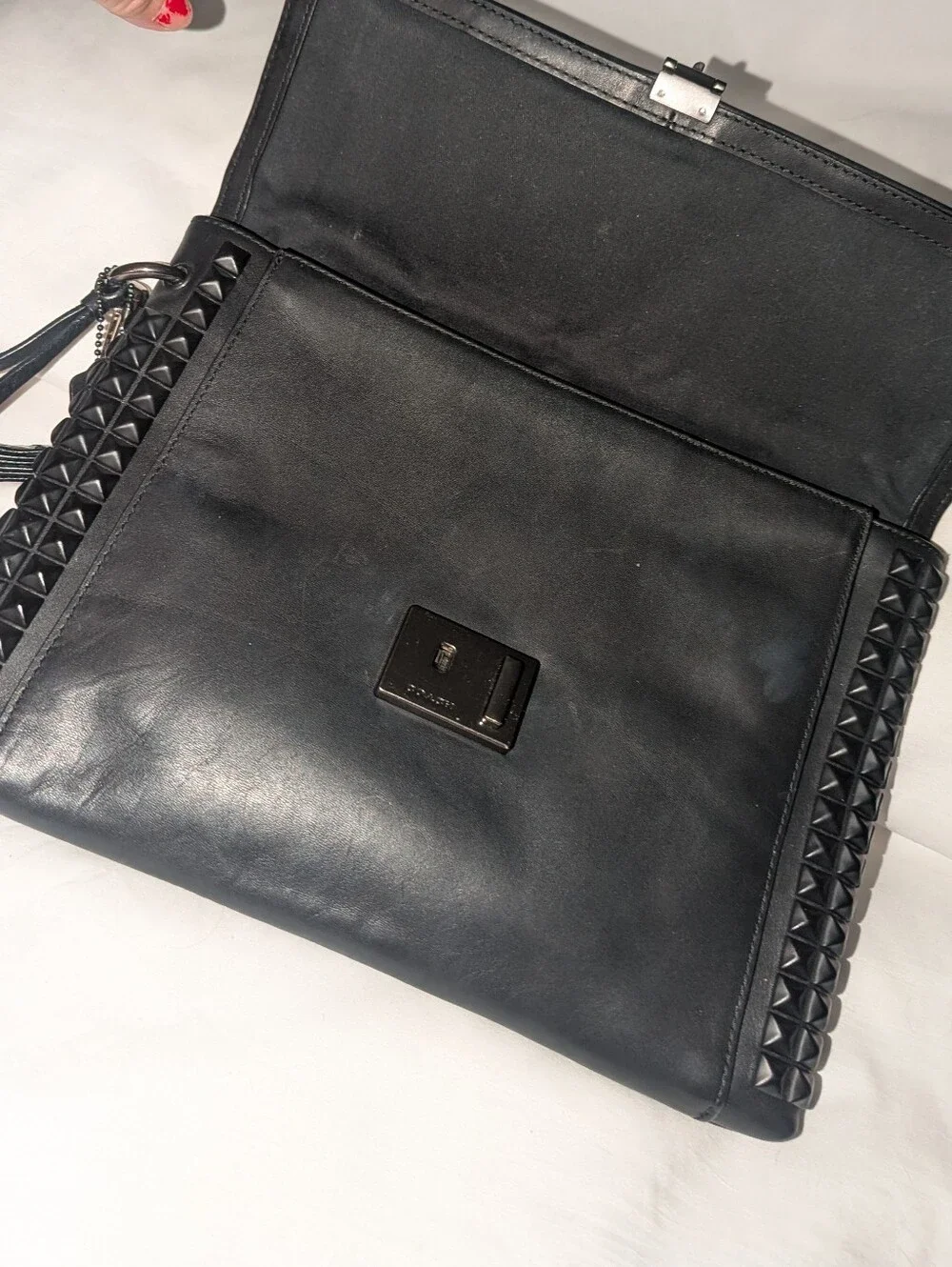 Coach Black Leather Studded Wristlet Clutch with Gunmetal-Tone Lock 26410
